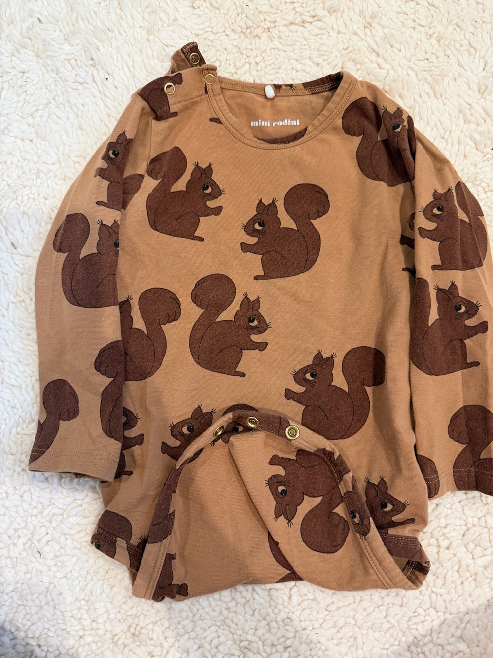 Mini Rodini Brown Squirrel Print Long Sleeve Bodysuit - 12-18 months